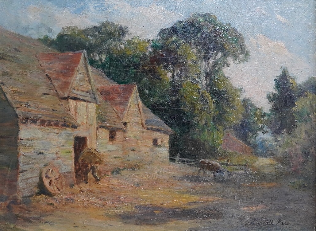 Percy Currall Pace (1871-1945), Impressionist oil on board, Farm buildings, Steyning, signed, inscribed verso, 29 x 39cm, ornate gilt framed. Condition - good